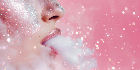 Vapor from woman mouth, woman smoking, pink background