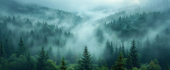Wide angle shot of forest with heavy fog. Created iwth Ai - obrazy, fototapety, plakaty
