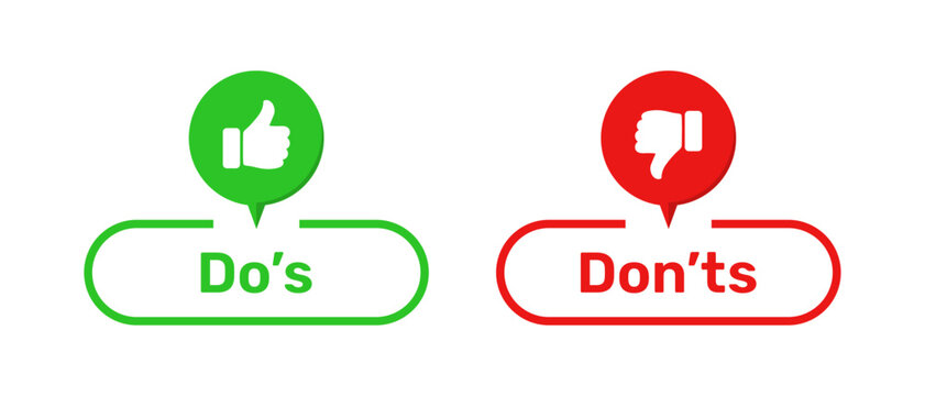Do's and Don'ts buttons with like and dislike symbols color. Do's and Don'ts buttons with thumbs up and thumbs down symbols. Check box icon with thumbs up and down sign with do and don't buttons.