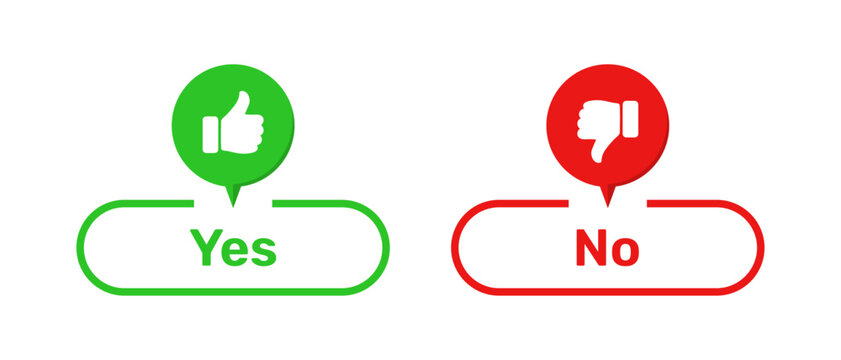 Yes and No buttons with like and dislike symbols green and red color. Yes and No buttons with thumbs up and thumbs down symbols. Check box icon with thumbs up and down symbol with yes and no buttons.