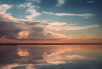 Obraz premium Tranquil sunset over calm lake with beautiful reflection of clouds and sky.