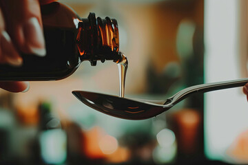 Medicine syrup being poured into a spoon from a bottle - obrazy, fototapety, plakaty