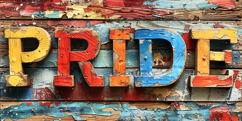 Rustic Pride Lettering on Weathered Wood.
PRIDE text in a vintage style on rustic wood.