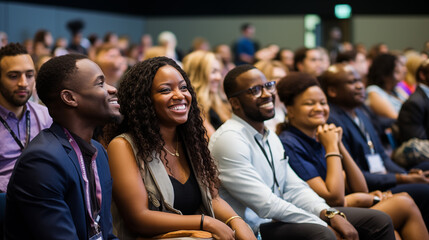 In a bustling conference hall, a diverse group of entrepreneurs gather for a business seminar, animated discussions and laughter filling the air as they connect . - obrazy, fototapety, plakaty