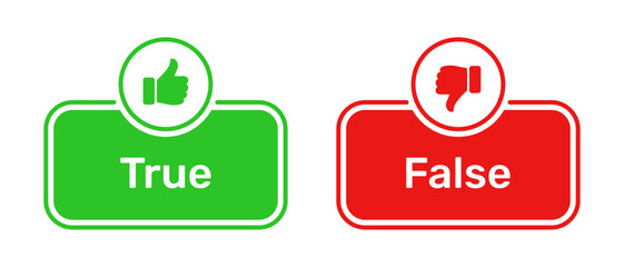 Like and Dislike symbols with True and False buttons in green and red. True False icons with thumbs up and thumbs down symbols. Check box icon with thumbs up and down symbol with true false buttons.