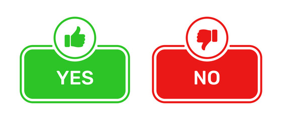 Like and Dislike symbols with Yes and No buttons green and red color. Yes and No buttons with thumbs up and thumbs down symbols. Checkbox icon with yes and no buttons with thumbs up and down symbols.