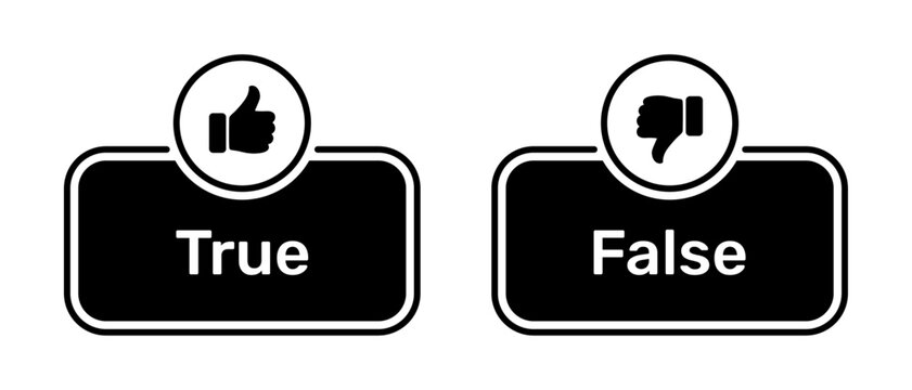 Like and Dislike symbols with True and False buttons black color. True and Fasle buttons with thumbs up and thumbs down symbols. Checkbox icon with true false buttons with thumbs up and down symbols.