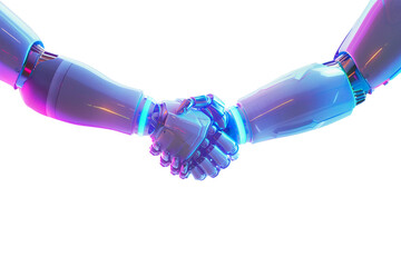 The handshake of two robots arms with neon lights