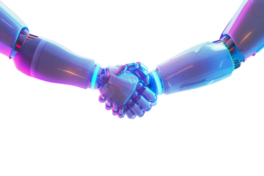 The handshake of two robots arms with neon lights