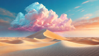concept of surreal in sandy desert. Soft pastel colors ,Beautiful cloud with blue sky and pink clouds , fantastic desert - obrazy, fototapety, plakaty