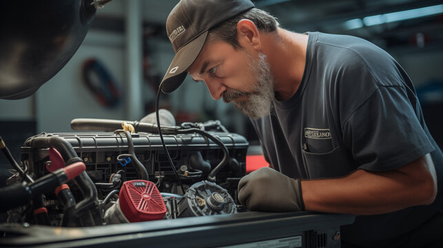 In a workshop filled with tools and equipment, a photo captures an experienced technician diligently repairing an air conditioning system.