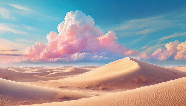 concept of surreal in sandy desert. Soft pastel colors ,Beautiful cloud with blue sky and pink clouds , fantastic desert