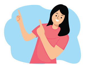 Obraz premium excited woman with hands fingers direct up empty space background