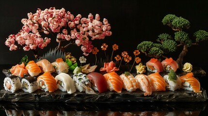 A tray of sushi with a cherry blossom tree in the background