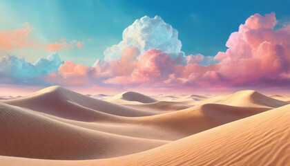 Fototapeta na wymiar concept of surreal in sandy desert. Soft pastel colors ,Beautiful cloud with blue sky and pink clouds , fantastic desert