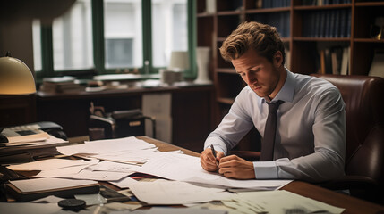 The young man sits hunched over his desk Inside his office, a worried young man businessman and accountant pores over financial documents and bills. - obrazy, fototapety, plakaty