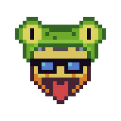 Head in eyeglasses colorful smile, funny face shows tongue with frog hat on head, pixel art icon, cartoon character, language emotion. Flat style. 8-bit style. Isolated abstract vector illustration.