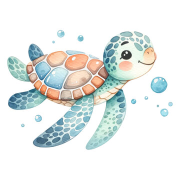 Cute Illustrated Sea Turtle Underwater