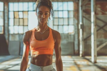 Confident Young African American Woman in Sports Attire Posing in Sunlit Gym – Fitness and Healthy Lifestyle Concept