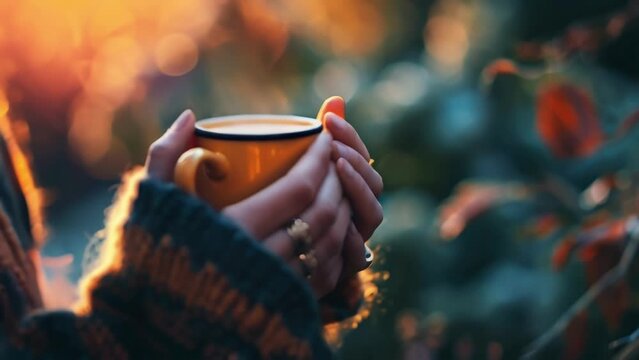A closeup of a womans hands holding a cup of warm apple cider, her fingers adorned with delicate ambercolored rings and her skin glowing in the soft light.