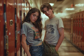 Two Trendy Teenagers Posing by School Lockers, Youth Fashion and Confidence in High School Corridor