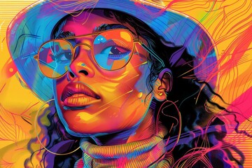 Vibrant Pop Art Style Portrait of a Fashionable Woman with Sunglasses and a Hat Against a...