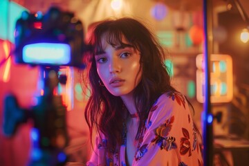 Fashionable Young Woman in Floral Outfit Posing for Portrait with Neon Lights and Bokeh Background in Urban Setting