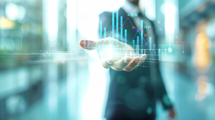 Businessman pointing financial graph growth and stock market chart, analyzing business data to increase sales and revenue profit, business solution, finance, banking and investment, data analysis.