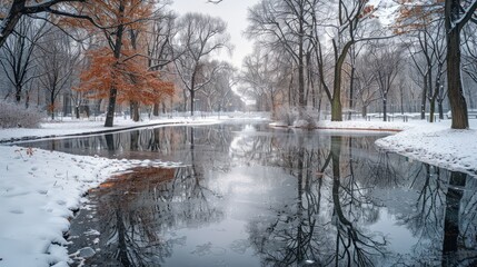 A serene winter scene unfolds in a city park, where a partially frozen river reflects the bare trees and a hint of autumn leaves