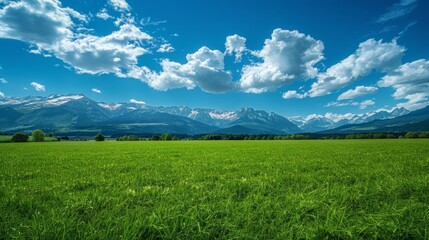 vast expanse of verdant green stretches towards majestic mountains bathed in soft light