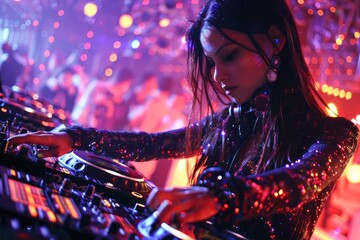 Energetic Female DJ Performing at Nightclub Party with Vibrant Lights and Electronic Soundboard