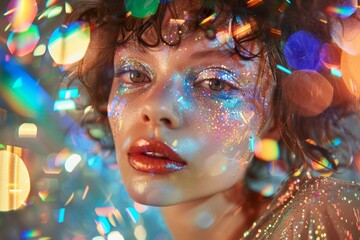 Colorful Portrait of Young Woman with Sparkling Makeup Surrounded by Festive Bokeh Lights