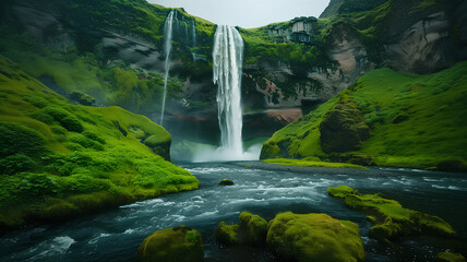 Majestic Waterfall in Lush Green Landscape
. A breathtaking waterfall cascades down a verdant cliff, surrounded by vibrant green moss and foliage, creating a serene natural oasis.
 - obrazy, fototapety, plakaty