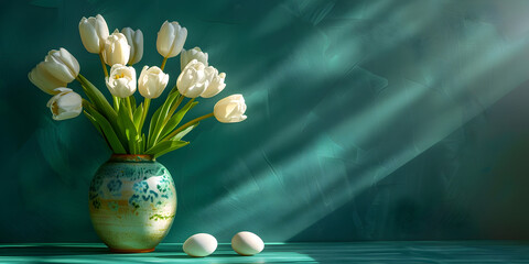 White tulips and a blue vase