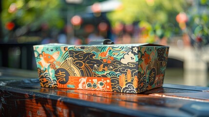 Naklejka na ściany i meble colorful box adorned with intricate designs, resting on a glossy wooden surface amidst a lively outdoor setting