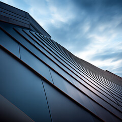 Fototapeta na wymiar standing seam roof architecture, modern, building, design, geometric, angular, facade, residential, house, contemporary, lines, metal, cladding, windows, reflection, sky, clouds, sunset, dusk