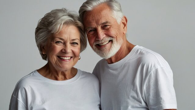 Happy senior mature couple wearing matching blank white t-shirts sunny outdoor park. Smiling grandfather grandmother