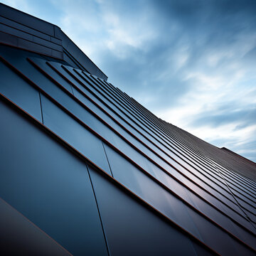 standing seam roof architecture, modern, building, design, geometric, angular, facade, residential, house, contemporary, lines, metal, cladding, windows, reflection, sky, clouds, sunset, dusk