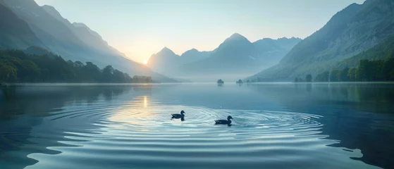 Fotobehang Ducks swim at dawn on a still mountain lake, their ripples breaking the perfect reflection of the awakening sky. The gentle scene echoes the serene start to a new day in the wilderness © Nakarin