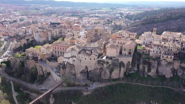 Aerial photo of Cuenca with view of medieval buildings. Castilla-La Mancha, Spain.