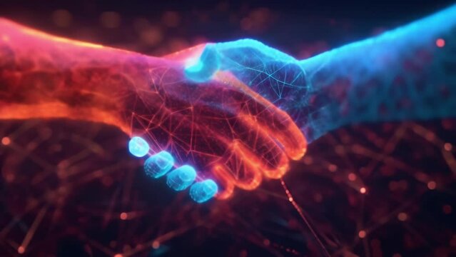 A hologram of a virtual handshake between two parties illustrating the trust and transparency enabled by blockchainbased transactions.