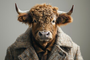Portrait of Buffalo in suit. African buffalo wearing a suit. Hype realistic anthropomorphic animal portrait. Generative AI.