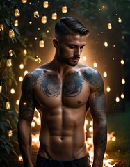Tattooed man looking away from camera surrounded in lights