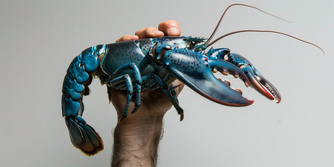 Powerful Pose: Clenched Fist Holding a Blue Lobster Towards the Sky, Studio Photograph Against a White Background - obrazy, fototapety, plakaty