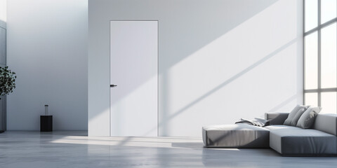 Fototapeta premium Seamless Simplicity: Frameless Interior Door Flush with the Wall, Centered in a Minimalist Living Room
