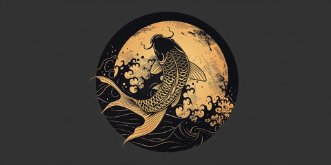 Moonlit Serenity: Japanese Art Style Featuring a Silhouette of Jumping Koi Fish, Enveloped by the Moon in Black and Light Gold