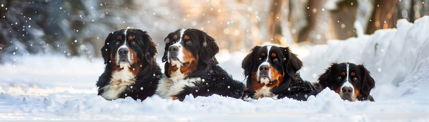 Bernese Mountain Dogs warm eyes and thick fur, set in a snowy, enchanting landscape