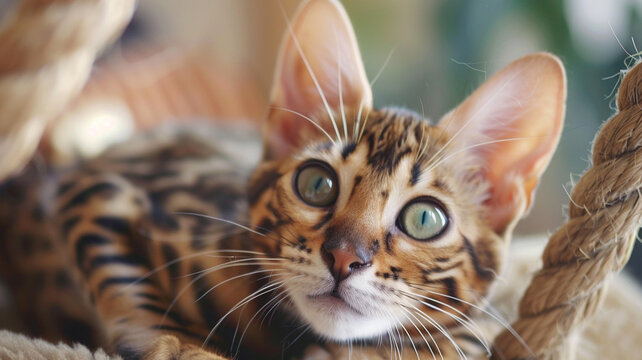 Bengal cats wild markings and piercing eyes, blending domestic charm with exotic allure