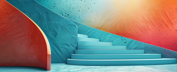 Contemporary abstract composition with blue steps and a red-orange textured partition for product showcasing.