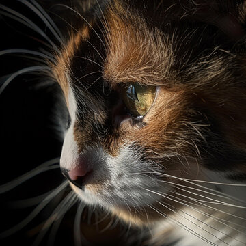 Calico cats mosaic fur pattern and mysterious eyes, captured in a serene, natural light